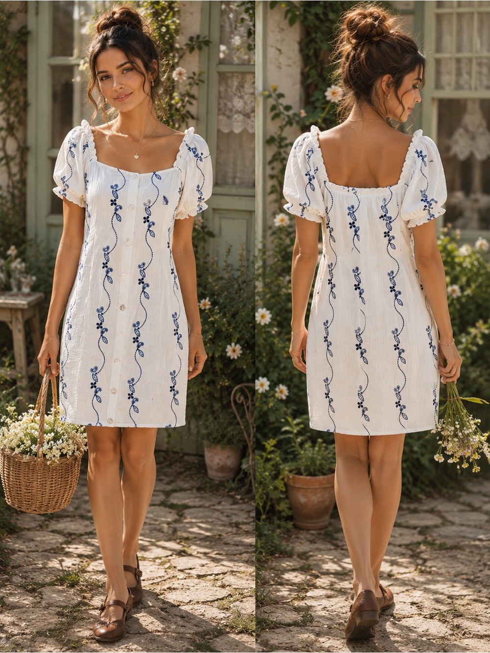 NWT Women’s White Cotton Embroidered Puff Sleeve Cottagecore Midi Dress - Picture 1 of 9